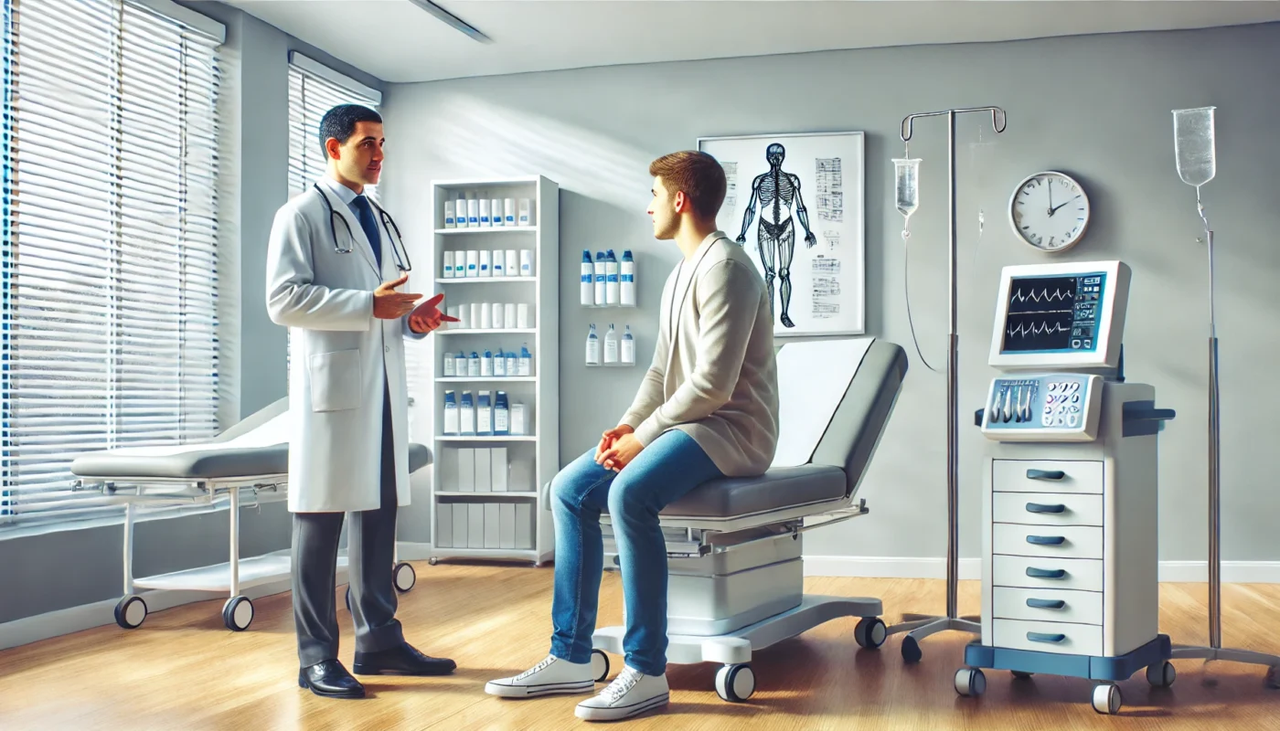 A modern hospital setting where a doctor is consulting with a patient about hospital pain relief options, with medical charts and digital monitors in the background.