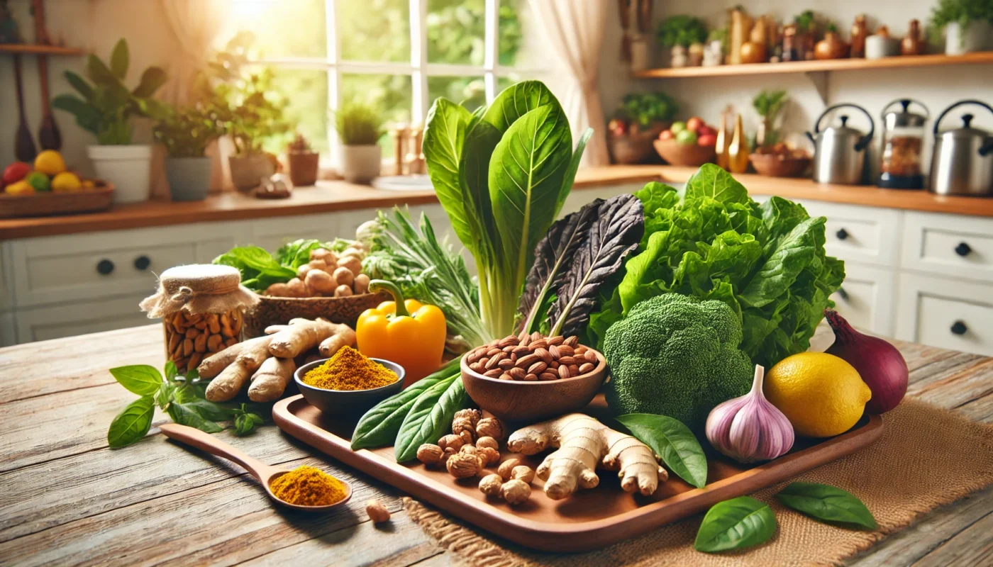 A vibrant kitchen setting with a selection of anti-inflammatory foods such as turmeric, ginger, leafy greens, and nuts, carefully arranged on a wooden table. The natural lighting highlights the freshness of the ingredients, symbolizing dietary changes for back arthritis relief.