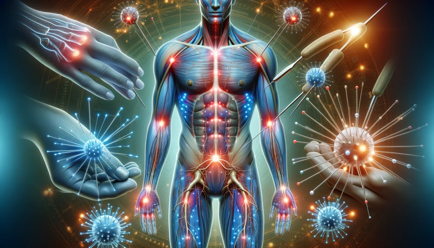 A futuristic medical concept illustrating alternative pain relief. A human figure with highlighted pain points is surrounded by glowing acupuncture needles, massage therapy hands, and neural stimulation waves, representing non-opioid treatment options.