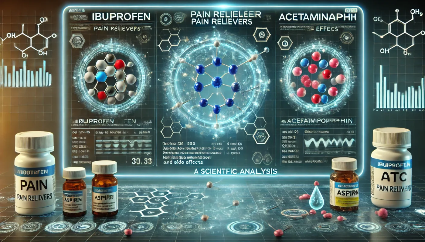 A futuristic medical interface showcasing molecular structures of ibuprofen, acetaminophen, and aspirin. Glowing digital charts and medical visuals compare their effectiveness and side effects.