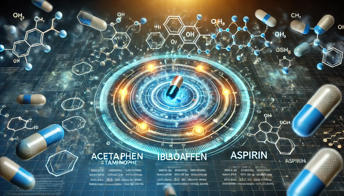 A futuristic digital display showing molecular structures of different painkillers such as acetaminophen, ibuprofen, and aspirin. Floating pills symbolize their unique chemical compositions and mechanisms of action.

