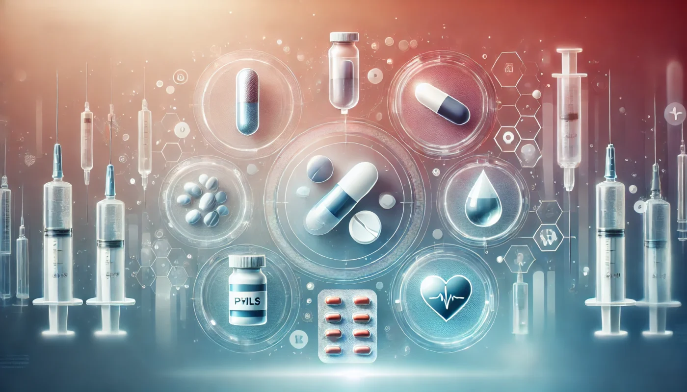 A conceptual medical illustration showcasing different types of painkillers, including floating translucent visuals of pills, injections, and liquid medicines. The background features an abstract medical gradient, symbolizing treatment options for pain management.