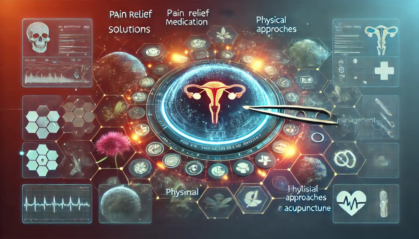  A high-tech digital interface displaying different post-hysterectomy pain relief solutions, including medication, physical therapy, and holistic approaches like acupuncture. The futuristic visualization represents personalized recovery and modern treatment options.