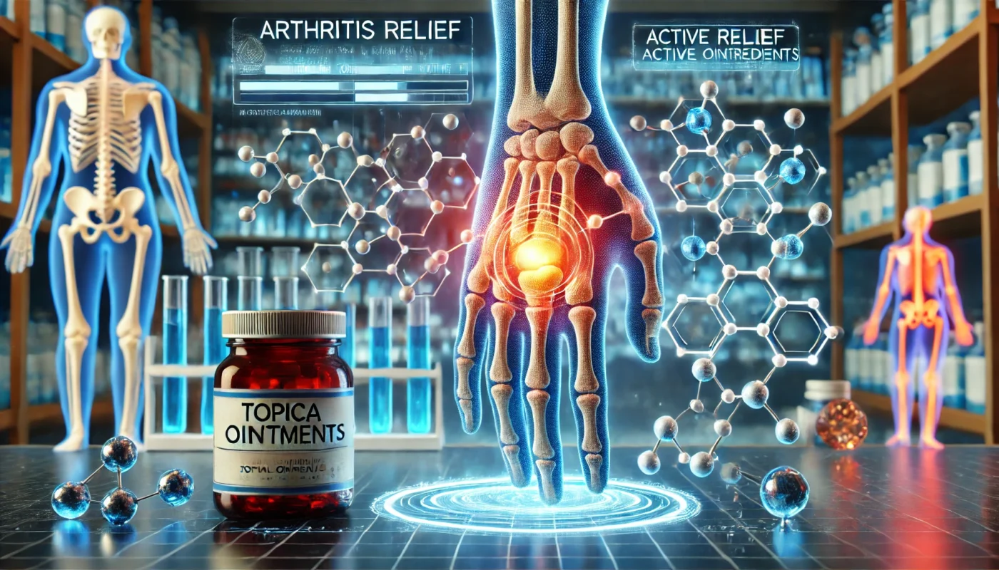 A high-tech digital interface displaying molecular structures of active ingredients in arthritis pain relief ointments. Glowing pain-relief molecules surround a 3D-rendered joint model, symbolizing medical advancements in arthritis treatment.