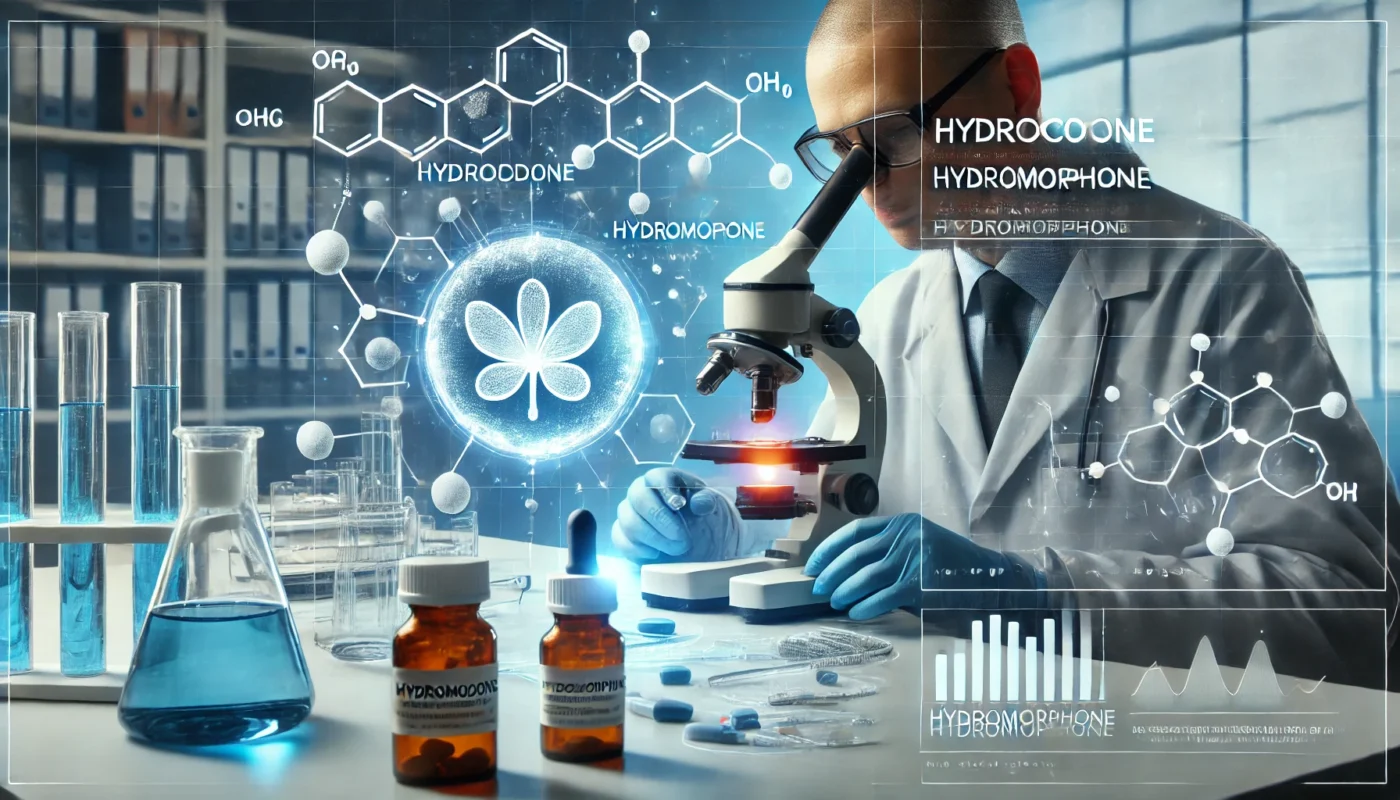 A scientist in a laboratory analyzes opioid medication under a microscope, with holographic data charts showing chemical structures and medical properties. The scene represents clinical studies and pharmaceutical advancements related to Hydrocodone and Hydromorphone.