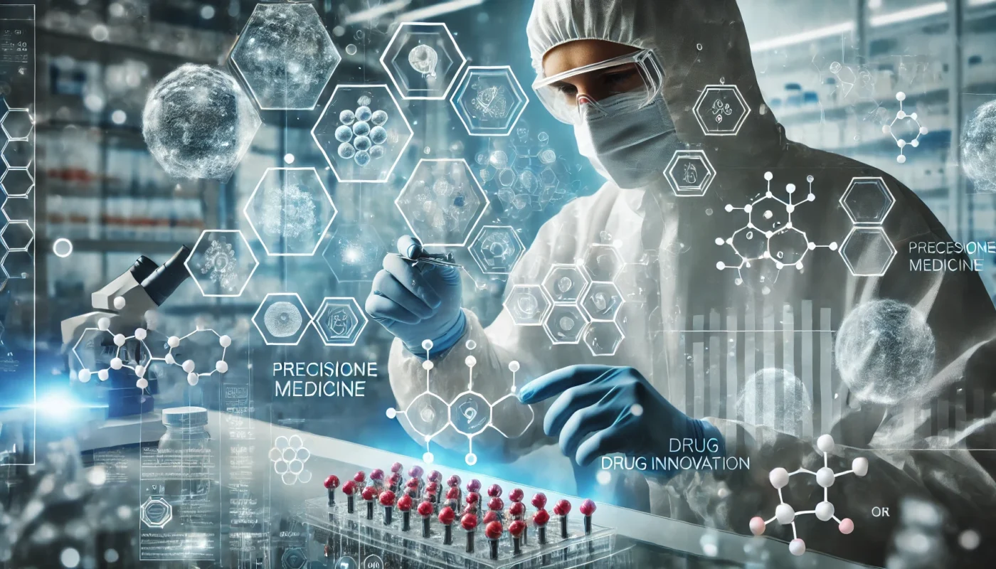 A high-tech pharmaceutical laboratory where a scientist in protective gear examines molecular compositions on a digital screen. Floating holographic data visualizations symbolize precision medicine and drug innovation.