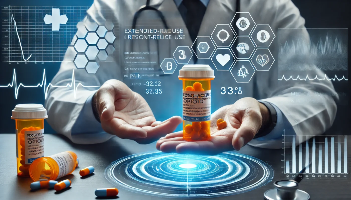 A doctor hands a prescription bottle of extended-release pain medication to a patient in a clinical setting. Floating digital charts display dosage monitoring and pain relief tracking, symbolizing medical supervision and responsible use.