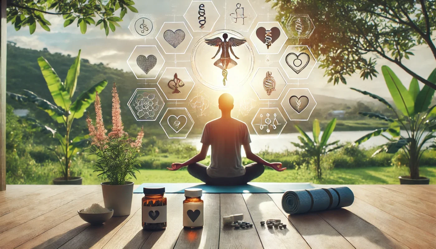 A person practicing yoga and meditation in a peaceful outdoor setting with soft sunlight and lush greenery. The image symbolizes mind-body techniques as a natural alternative to pharmaceutical pain relief.