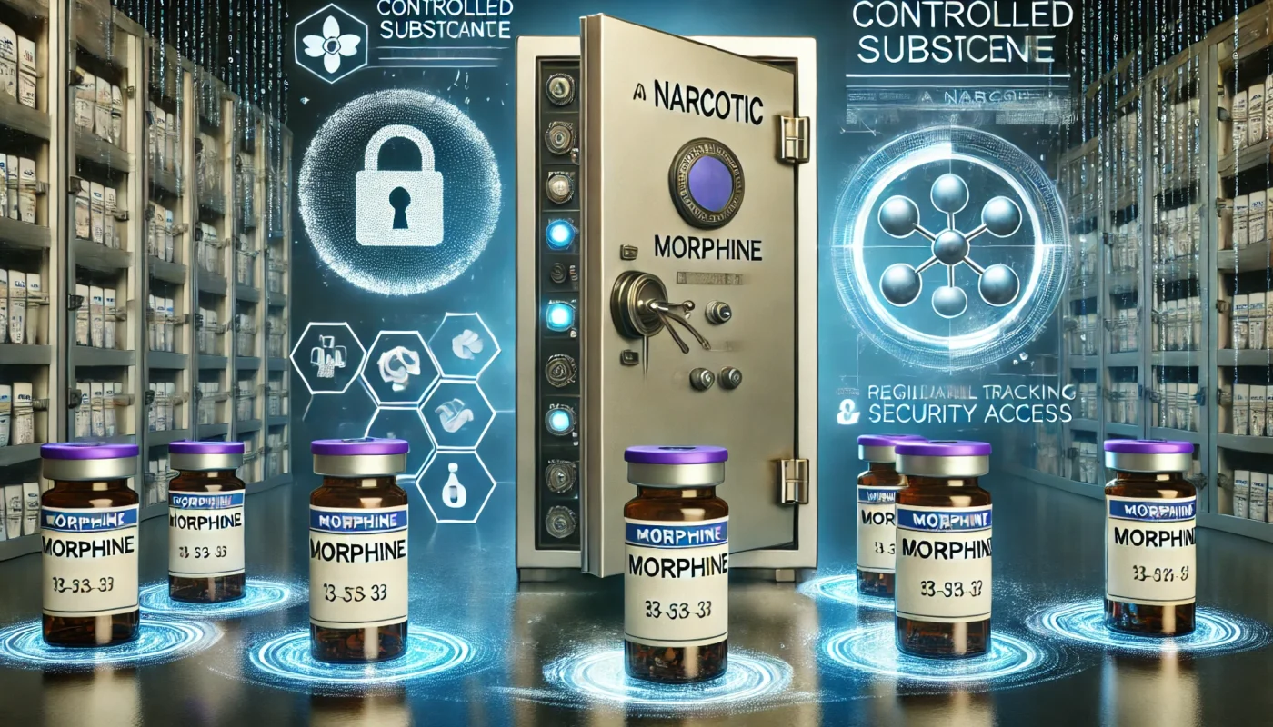 A locked storage cabinet containing vials of morphine, surrounded by holographic security measures and digital tracking symbols. The background features a pharmaceutical vault, symbolizing regulatory control and restricted access.