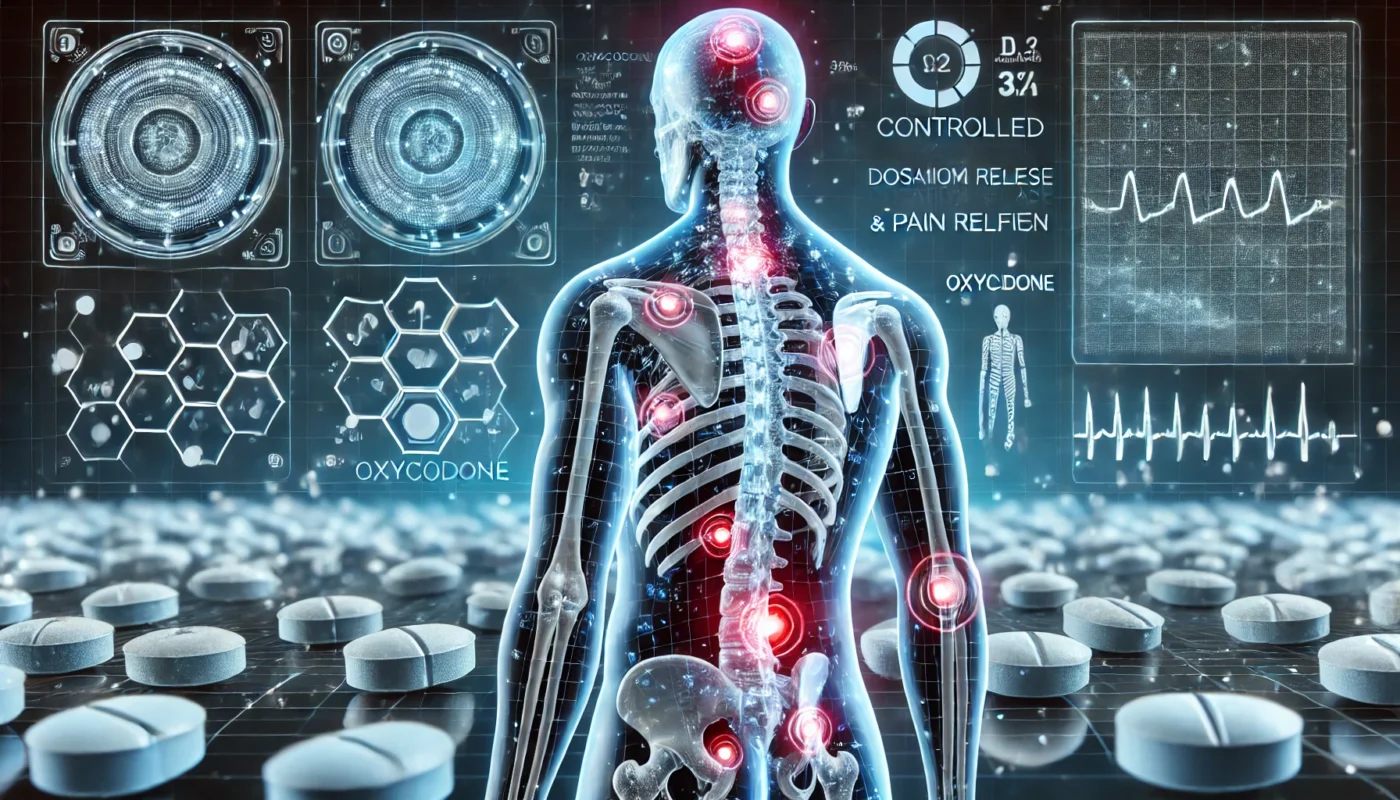 A transparent human figure with highlighted pain areas in the spine and joints, surrounded by floating oxycodone molecules. The background features a digital medical interface showing controlled dosage release and pain relief progression.