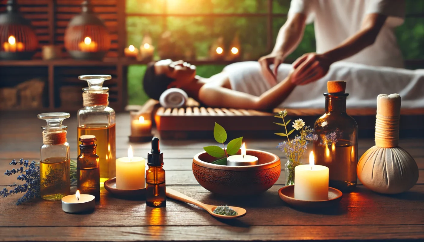 A peaceful wellness environment where a person receives a soothing herbal oil massage for joint pain relief. The scene includes warm lighting, aromatherapy candles, and essential oil bottles, symbolizing relaxation and natural remedies for joint health.