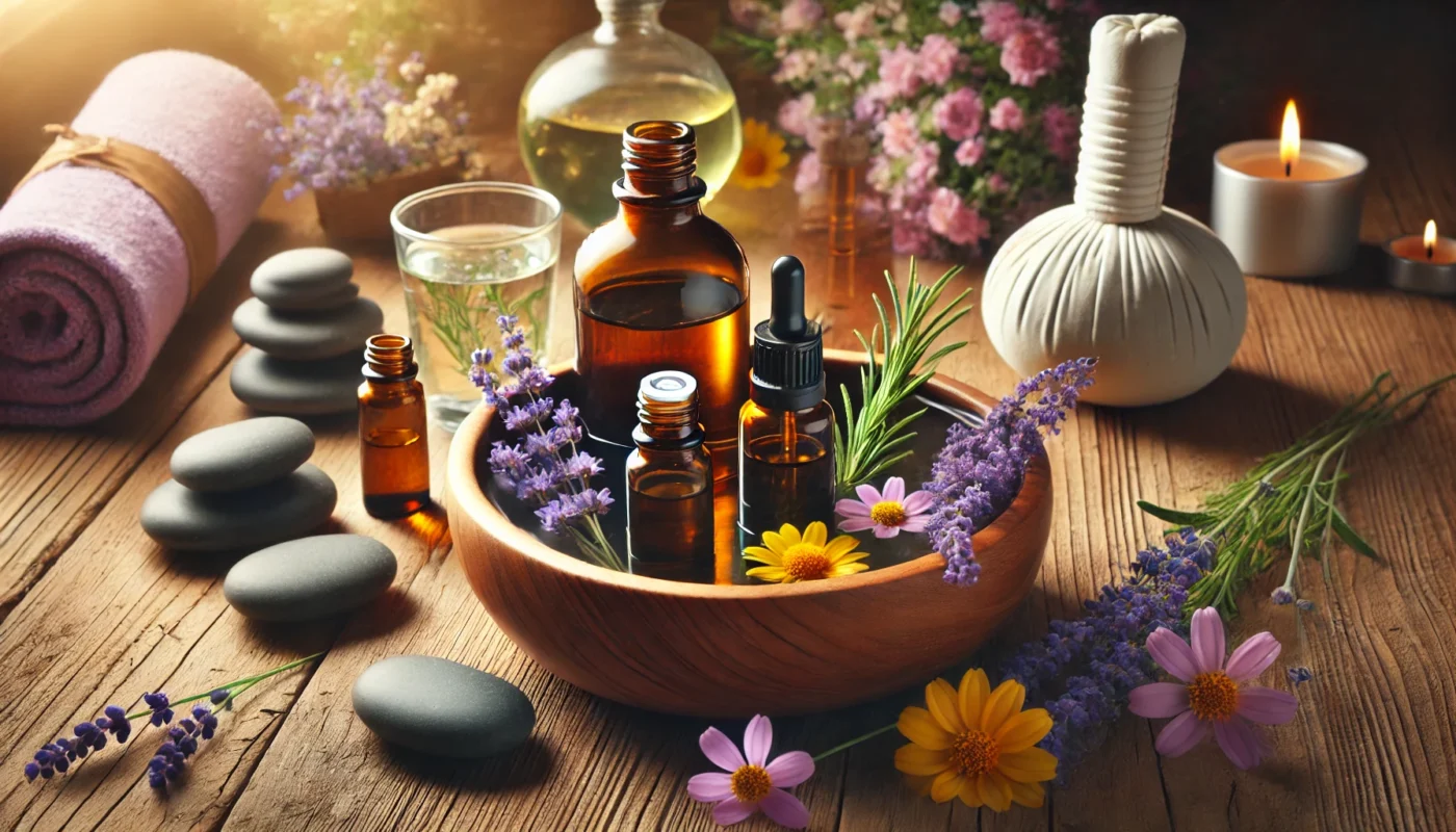 A wooden table holds a selection of glass bottles with lavender, chamomile, and rosemary essential oils. Next to them, a bowl of warm water with floating flowers and a few massage stones create a soothing ambiance, symbolizing holistic healing.