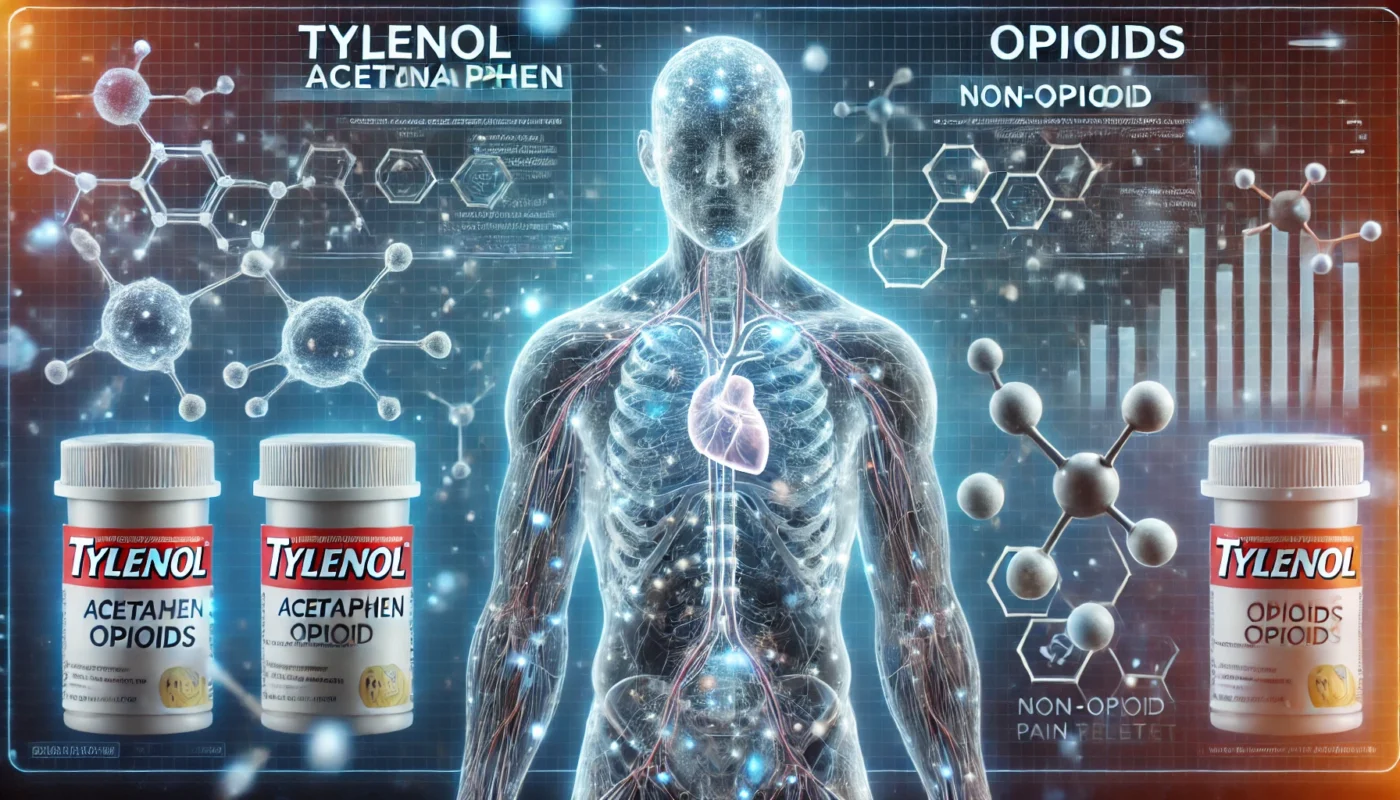 A transparent human figure with highlighted neural pathways is surrounded by floating molecular structures representing how Tylenol (acetaminophen) and opioids interact with the body. The background features a digital medical interface comparing non-opioid and opioid pain treatments.