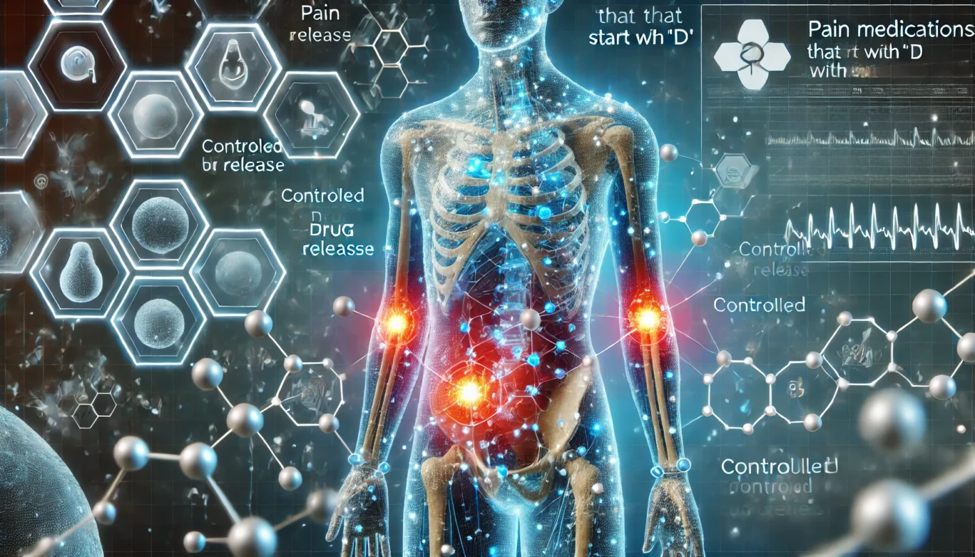 A transparent human figure with highlighted pain areas is surrounded by floating molecular structures representing controlled drug release and effectiveness. The background features a digital medical interface symbolizing pain relief mechanisms.