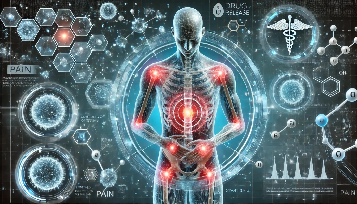 A transparent human figure with highlighted pain areas is surrounded by floating molecular structures representing controlled drug release and effectiveness. The background features a digital medical interface symbolizing pain relief mechanisms.