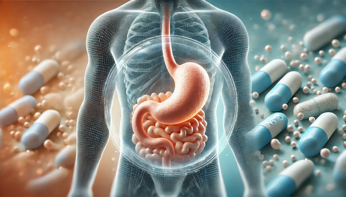 A close-up of a human stomach encased in a soft, bubble-like protective layer, representing gastrointestinal safety. Abstract representations of dissolving NSAID pills in the background enhance the medical theme.