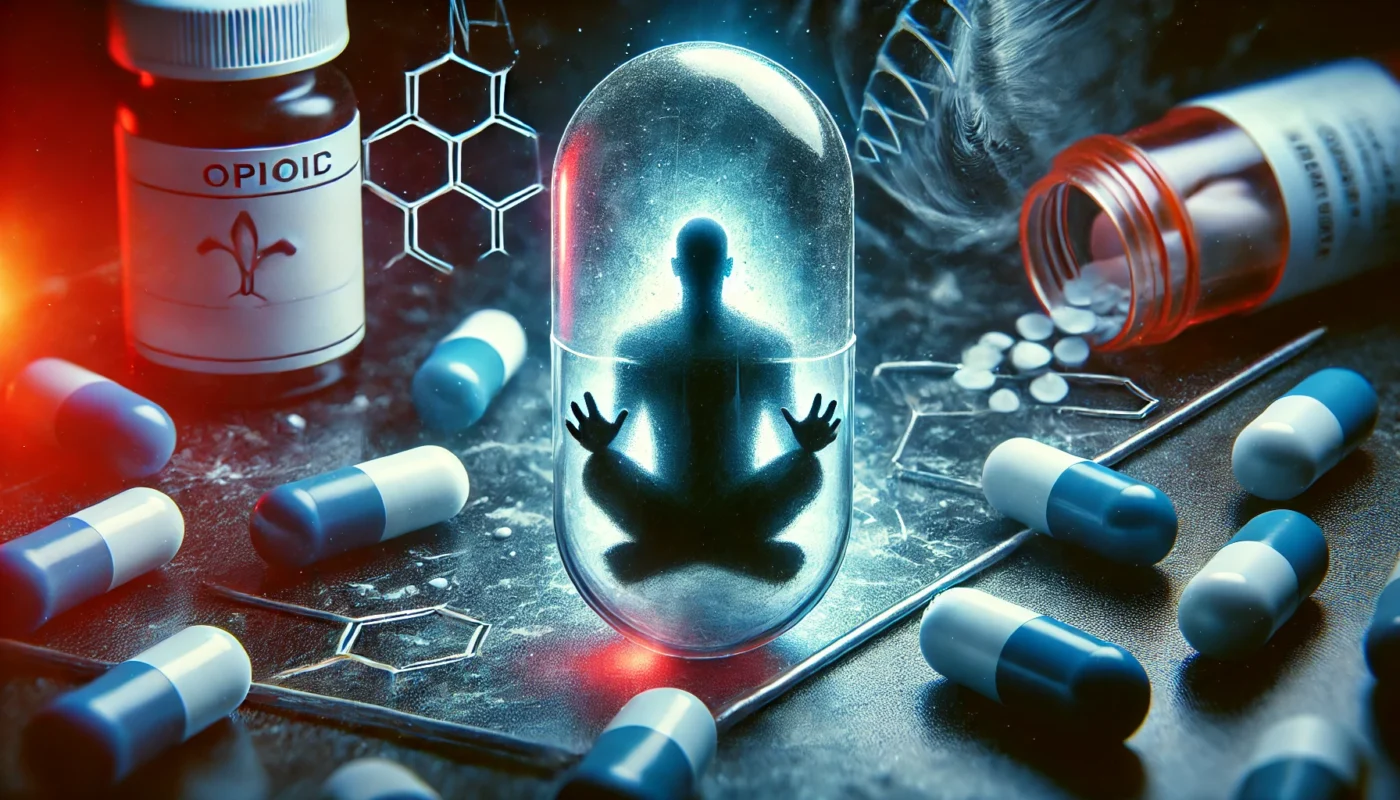 A human silhouette trapped inside a transparent pill capsule, representing opioid dependence and confinement. The dark background with blurred medical elements reinforces the theme of prescription drug misuse.