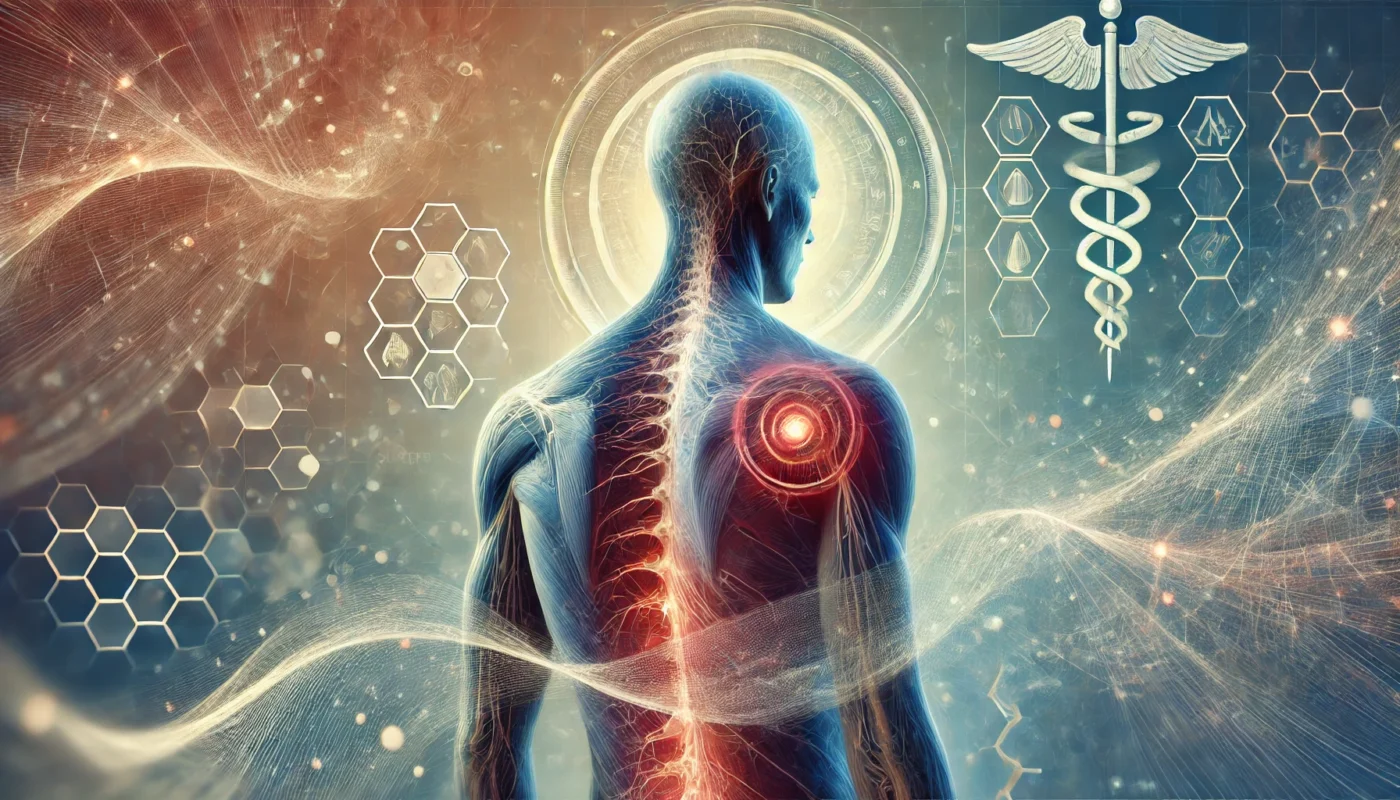 A human figure with highlighted nerve pain areas, representing potential neurological reactions to Suzetrigine. Surrounding distortions symbolize sensory disturbances and side effects, with a clinical and analytical color scheme.