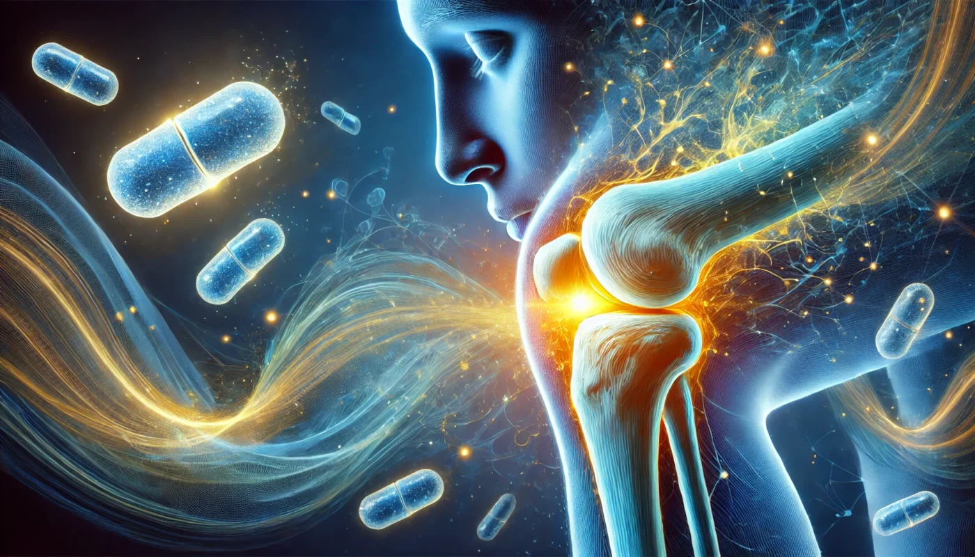 A close-up of a human knee joint with a glowing healing effect, symbolizing pain relief from medication. Dissolving abstract pill-like structures in the background represent the pharmacological aspect of bone pain treatment.