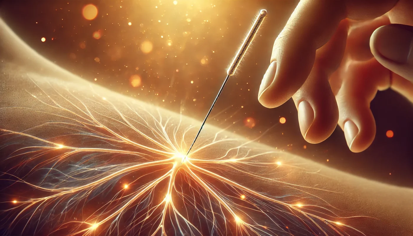 A close-up of an acupuncture needle inserted into the skin, with a glowing neural network underneath, representing the stimulation of nerve pathways. The background features warm golden hues and subtle energy waves, symbolizing relaxation and healing.