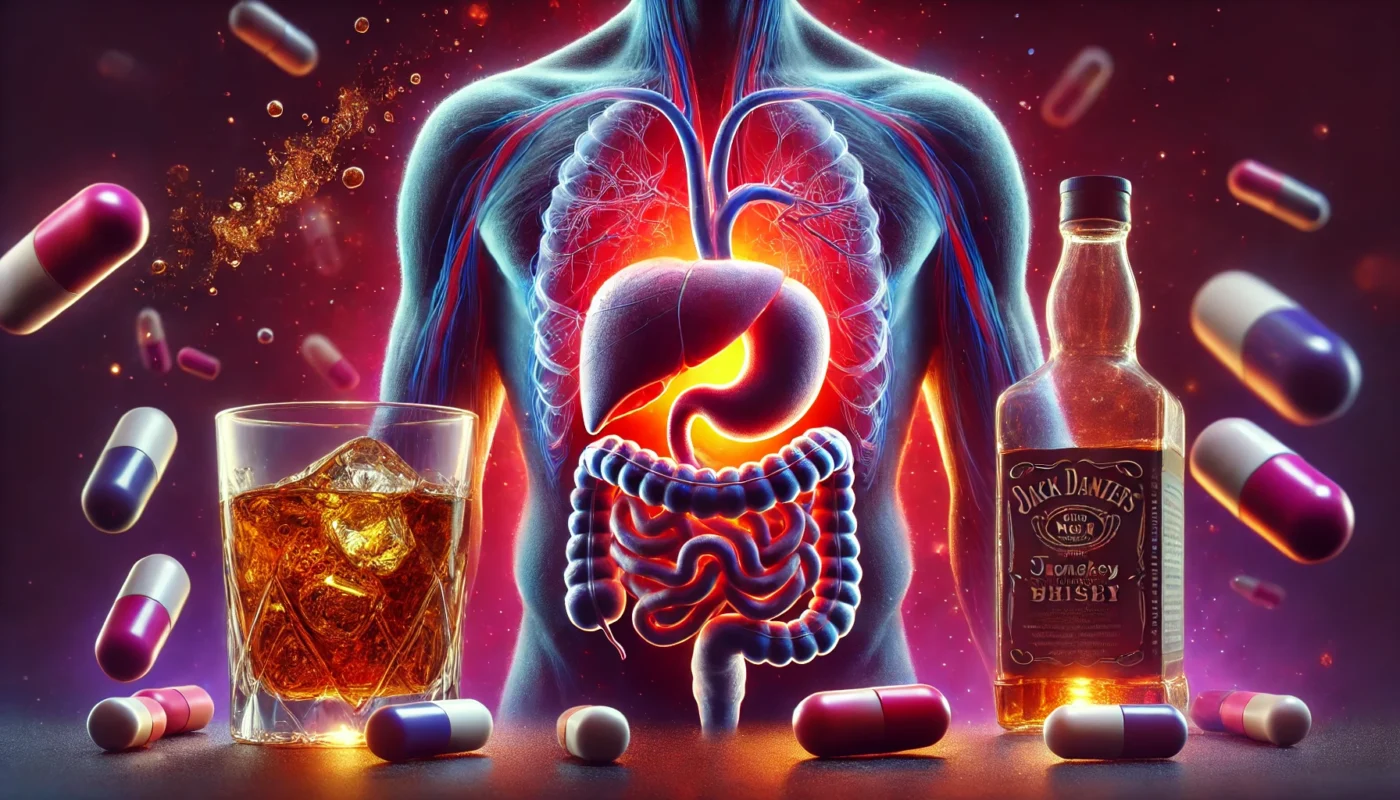 A human liver and stomach glowing with a toxic effect, representing internal damage from mixing alcohol and pain pills. Floating pills and a whiskey glass in the background reinforce the theme of health risks and overdose potential.