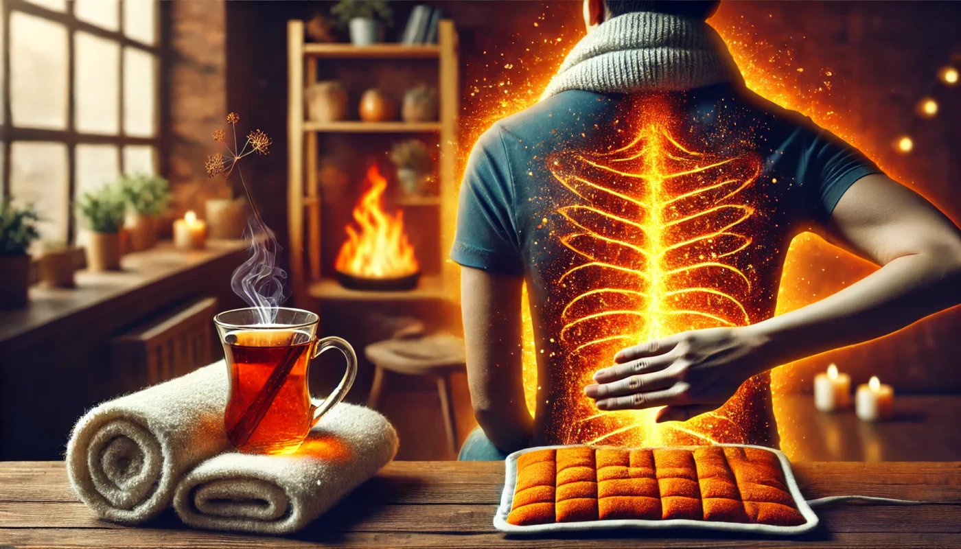  A person applying a warm heating pad to their back, with a glowing warmth effect symbolizing muscle relaxation. The background includes a cozy setting with a cup of herbal tea and a soft blanket, reinforcing the feeling of comfort.