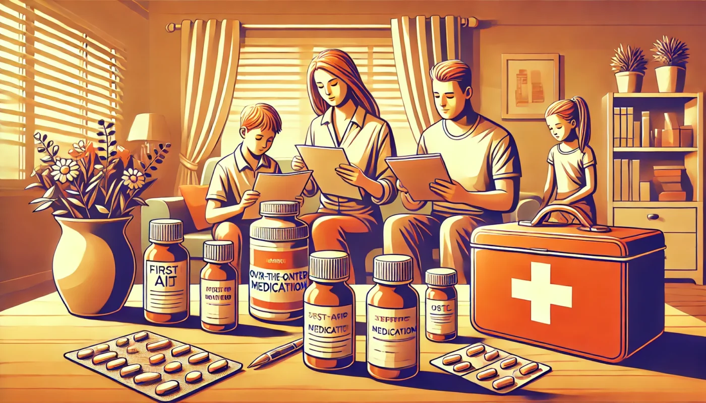  A family at home carefully reading the labels on OTC medication bottles before use. A warm and inviting atmosphere emphasizes responsible self-care, with a first aid kit and various OTC medicines neatly arranged on a table.