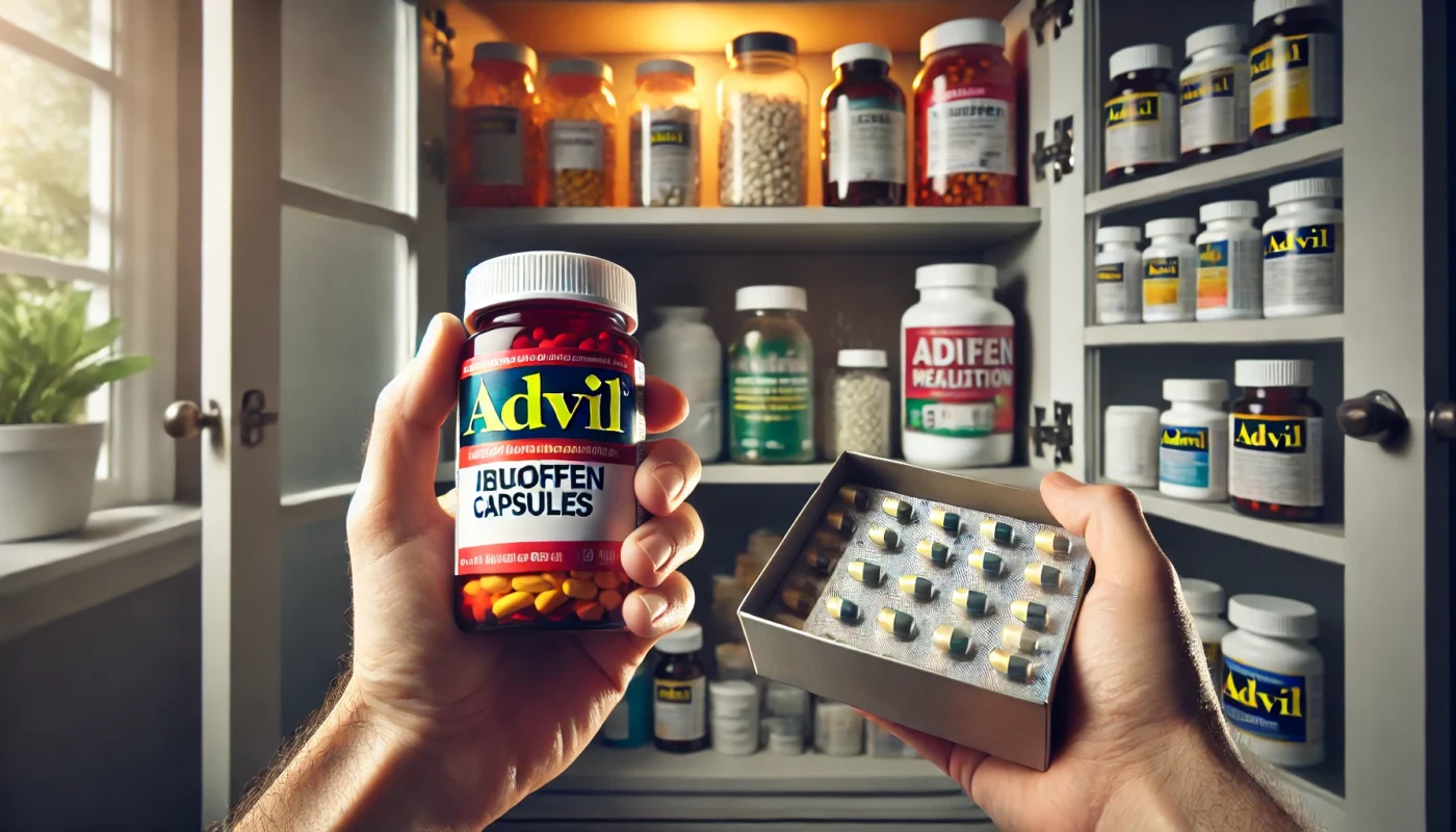  A close-up of a person's hand holding a pill bottle with ibuprofen capsules, while another hand holds a box of Advil. The background features a well-lit medicine cabinet, showcasing responsible and safe decision-making in over-the-counter medication choices.