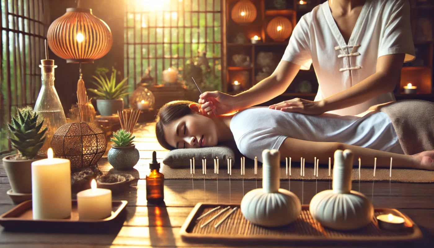 A relaxing acupuncture therapy session for nerve pain relief, showing a patient receiving treatment in a calm, spa-like setting with soft lighting and natural decor.