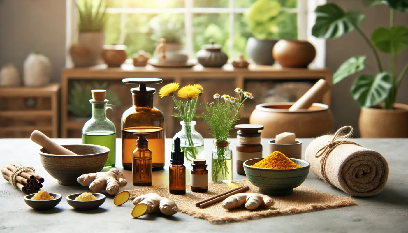 A peaceful herbal medicine setup with natural remedies for nerve pain relief, including essential oils, turmeric, ginger, and chamomile in a serene, well-lit home environment.