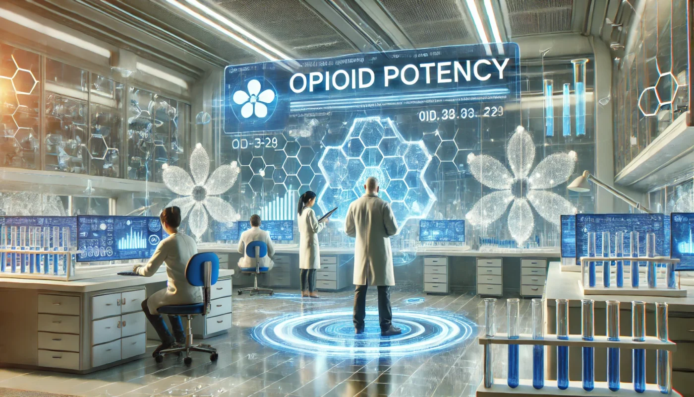 A futuristic medical research lab where scientists are analyzing opioid potency in a high-tech environment.