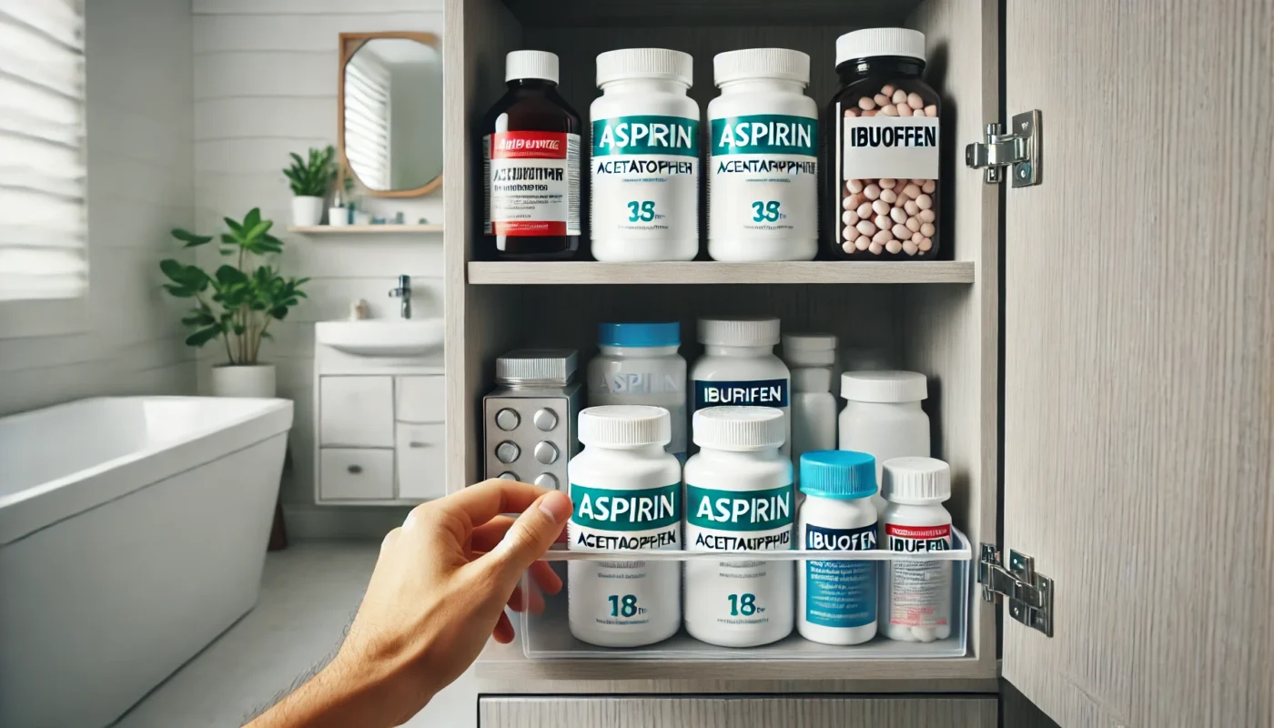 A well-organized home medicine cabinet with neatly arranged bottles of aspirin, acetaminophen, and ibuprofen, with a person’s hand reaching for one of the bottles.