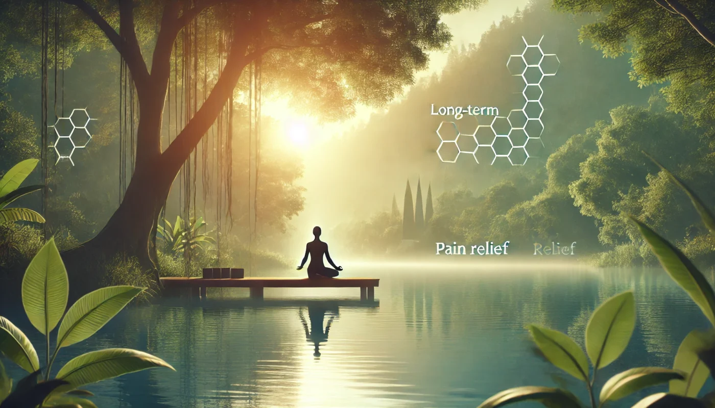 A peaceful nature setting where a person is practicing yoga at sunrise, symbolizing long-term pain relief and holistic wellness. The background features a calm lake surrounded by lush greenery, with soft sunlight enhancing the tranquil atmosphere."