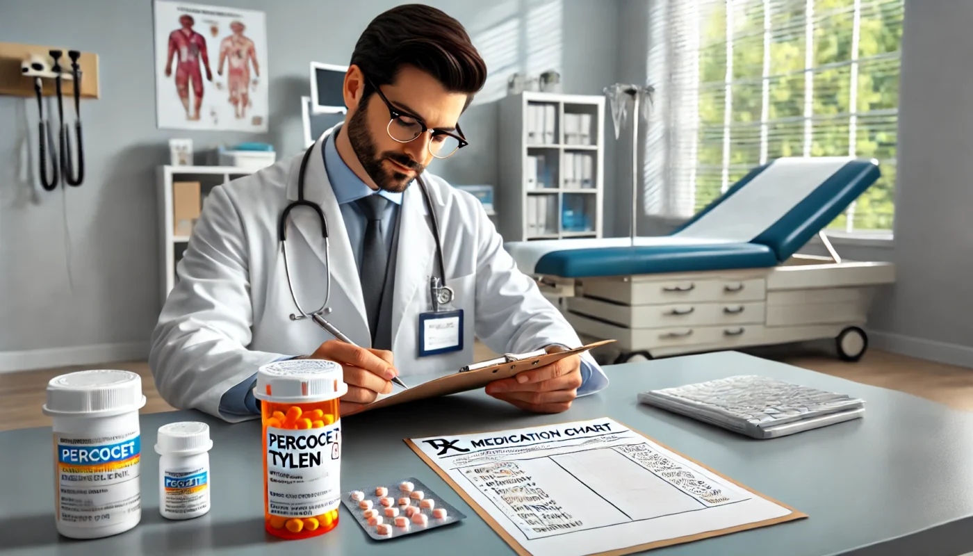 A professional doctor's office where a healthcare provider is reviewing a patient's medication chart, ensuring the safe use of Percocet and Tylenol together. The doctor is seated at a desk with medical documents and a prescription bottle nearby, conveying a sense of careful medical guidance. The background features a clean, well-lit medical office with essential healthcare equipment.