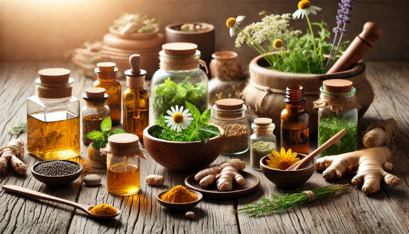 A peaceful wellness setup featuring a variety of herbal remedies in glass jars and wooden bowls, with fresh medicinal herbs such as turmeric, ginger, and chamomile on a rustic wooden table. The setting is illuminated by soft natural lighting, emphasizing the organic and holistic approach to pain relief.