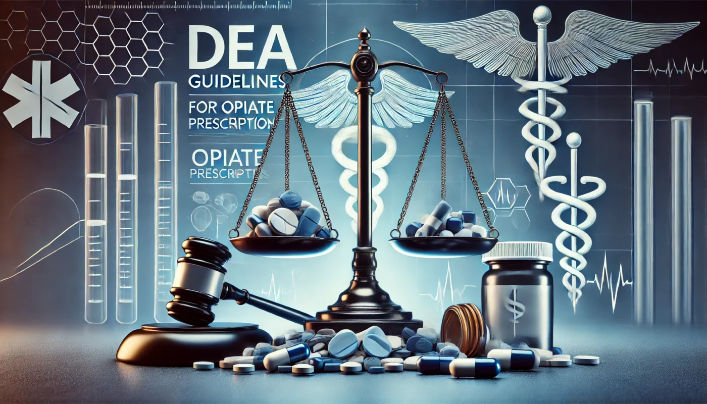 A balance scale with prescription pill bottles on one side and a gavel on the other, symbolizing the legal oversight of DEA regulations. The background features abstract medical and law enforcement elements, reinforcing controlled substance guidelines.