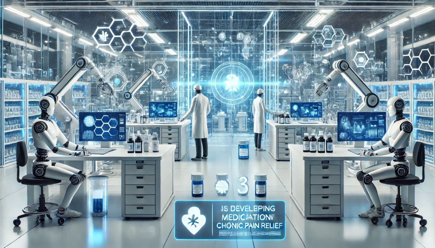 A futuristic pharmaceutical laboratory where scientists are developing cutting-edge medications for chronic pain relief, featuring robotic arms, AI-powered research stations, and advanced drug formulation equipment.