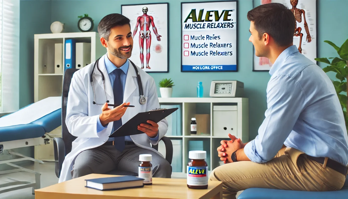  A professional doctor's office where a healthcare provider is discussing pain relief options with a patient. The scene includes a doctor holding a clipboard and explaining the differences between Aleve and muscle relaxers. The background features medical posters and a well-organized consultation room, conveying a professional and informative setting.