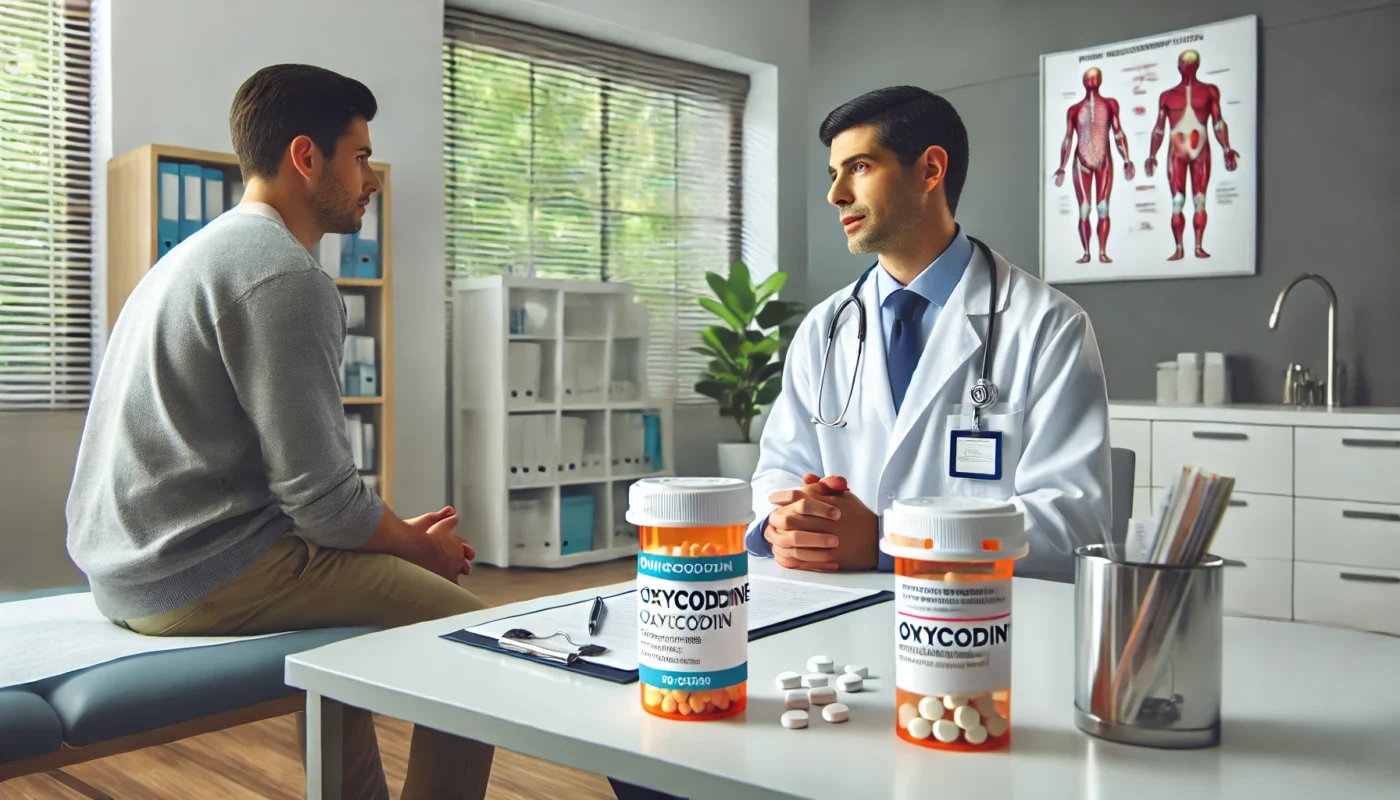 A modern medical consultation room where a healthcare professional is discussing pain management options, including oxycodone and Vicodin, with a patient. The setting is clean, professional, and well-lit, with medical charts and a prescription bottle visible on the table. The doctor is explaining the differences in medications while the patient listens attentively.