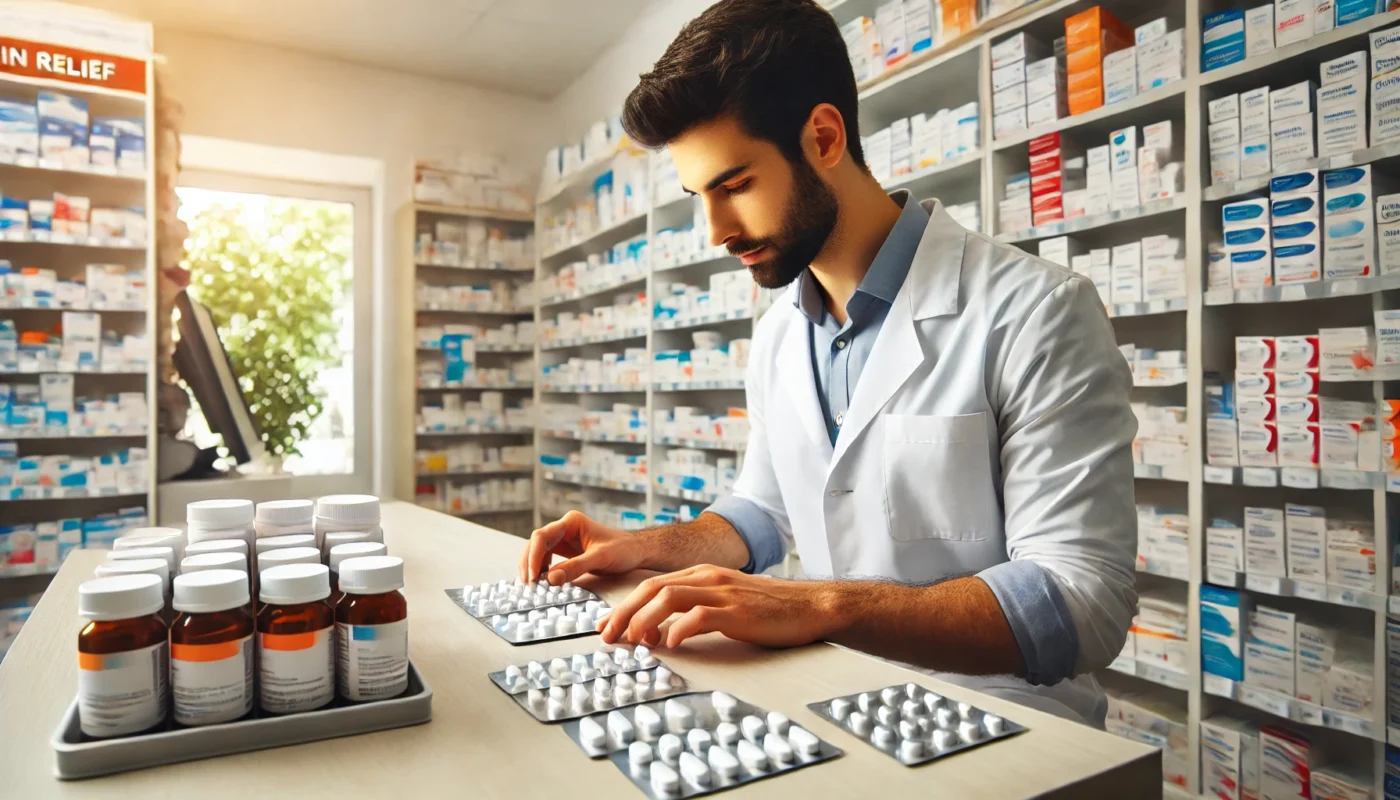 A modern pharmacy setting where a pharmacist is carefully organizing different types of pain relief tablets on a counter. The background features shelves stocked with various medication bottles, highlighting a clean and professional healthcare environment.