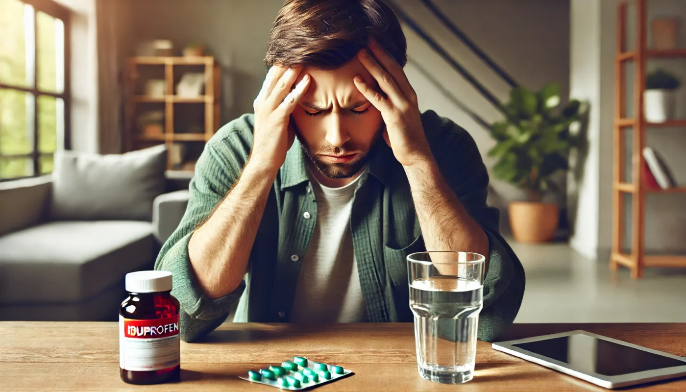 concerned person sitting at a table with a bottle of ibuprofen and a glass of water, looking frustrated. The setting is a modern home environment with a cozy and well-lit background. The individual appears to be experiencing discomfort, holding their head or massaging their temples, conveying the frustration of ibuprofen not providing expected pain relief.