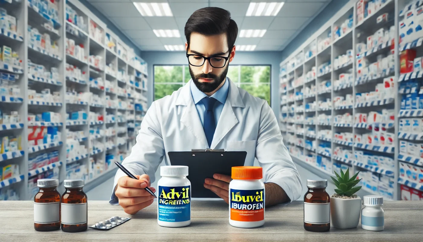 A modern pharmacy setting where a pharmacist is carefully examining two different bottles of pain relief medication, symbolizing the comparison of Advil ingredients and ibuprofen differences. The background features a well-organized display of various over-the-counter medications, emphasizing a professional healthcare environment.