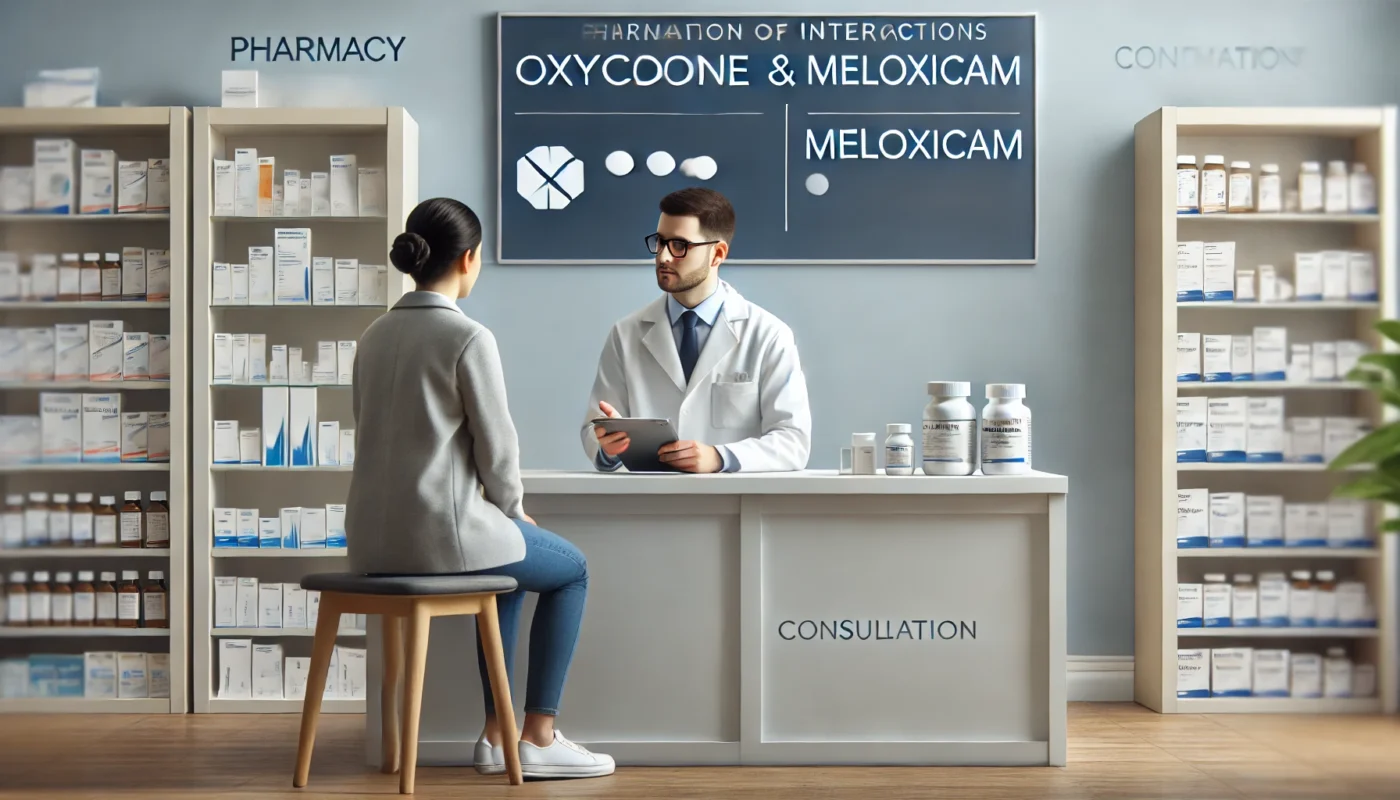 "A modern pharmacy consultation room where a pharmacist is discussing medication interactions with a patient, ensuring safe usage of oxycodone and meloxicam."