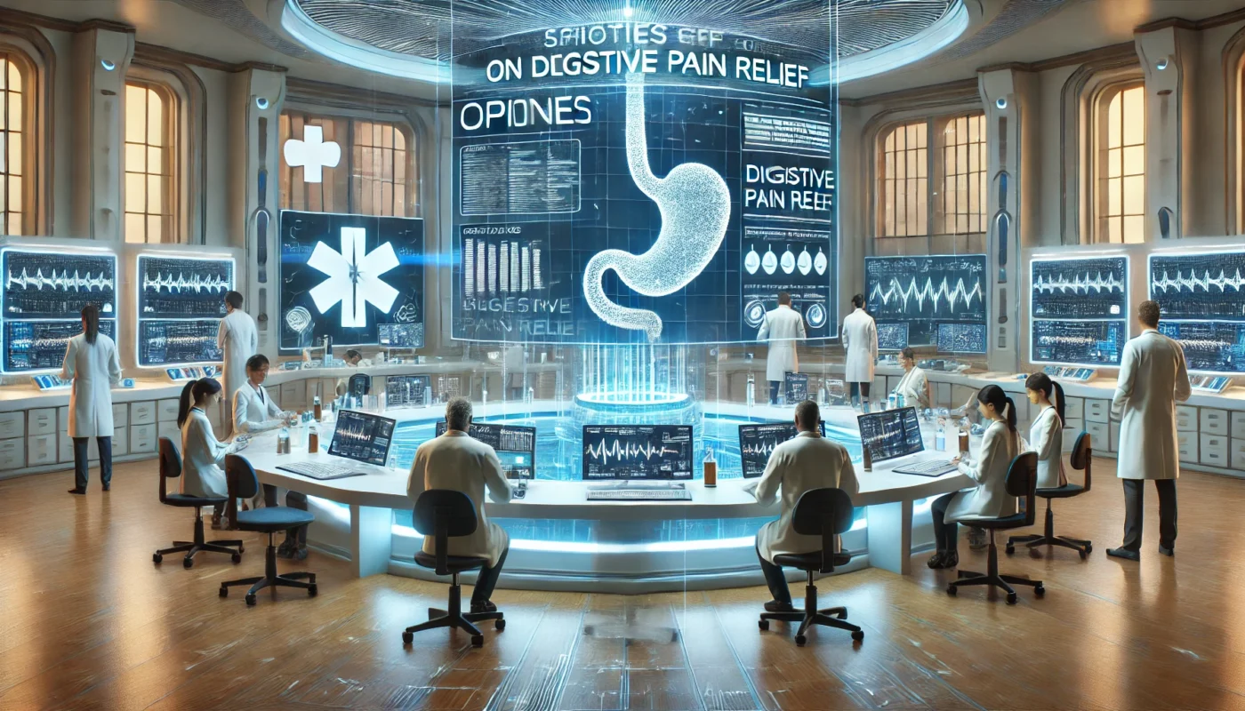 A futuristic medical research laboratory where scientists are studying the effects of opiates on digestive pain relief. The lab is equipped with advanced medical technology, digital monitors displaying research data, and a team of professionals in lab coats analyzing test results.