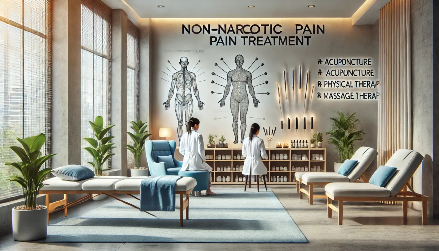 A serene wellness center featuring various non-narcotic pain relief treatments, including physical therapy, acupuncture, and massage. The setting is designed for relaxation, with soft lighting and natural elements creating a calming atmosphere.