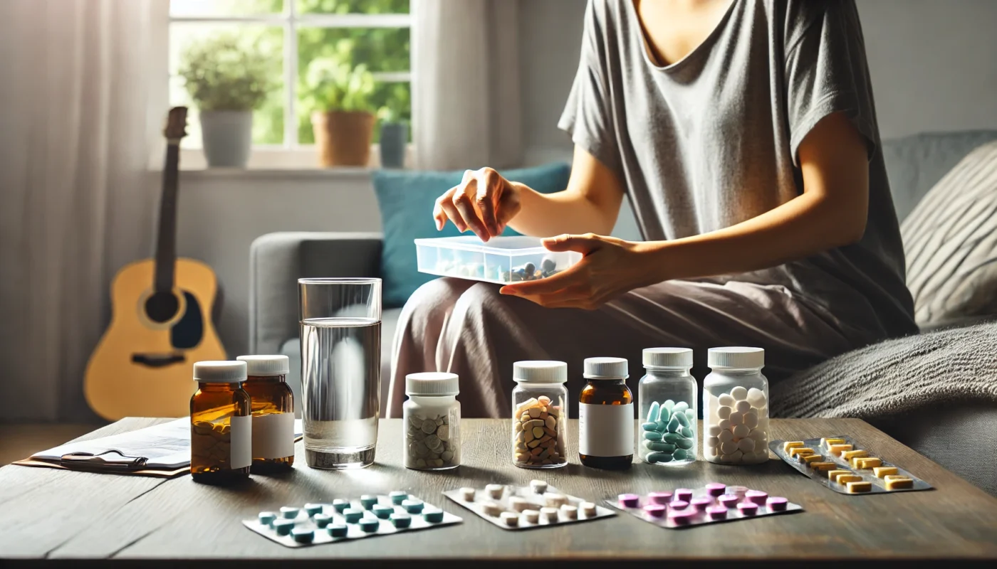 A serene home setting where a person is organizing different pain relief medications on a table, with a glass of water nearby. The setting is calm and well-lit, emphasizing responsible medication management.