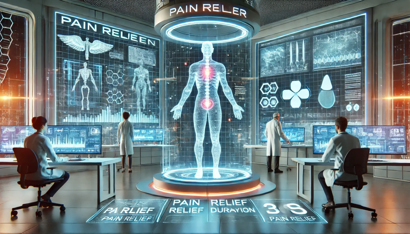 A futuristic medical research lab with high-tech displays analyzing the effects of painkillers on the human body. The scene includes digital screens showcasing pain relief duration, a holographic human anatomy with highlighted pain relief areas, and scientists reviewing medical data. The environment is modern, sterile, and equipped with advanced medical technology.