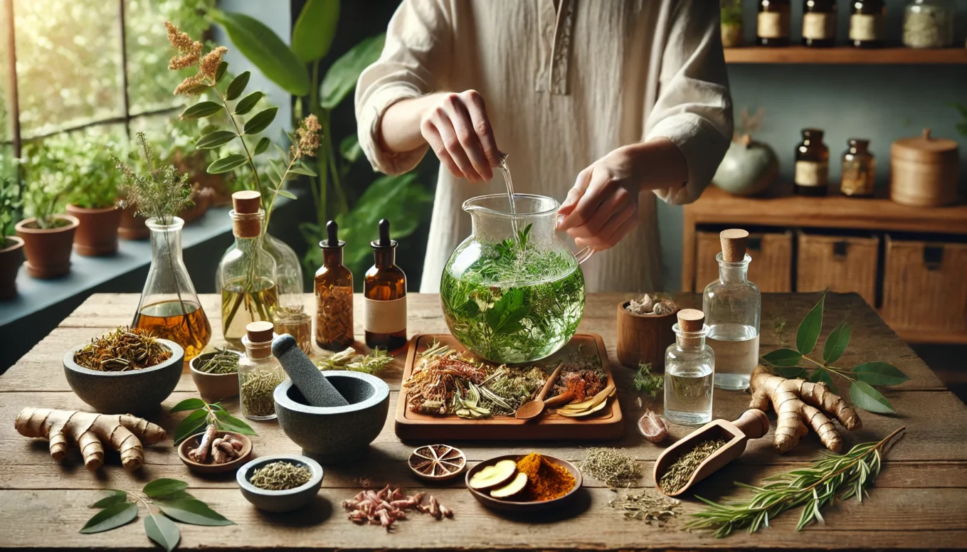 "A serene herbal medicine setup showcasing natural NSAID alternatives, including various dried herbs, essential oils, and plant-based extracts arranged in a peaceful wellness setting."