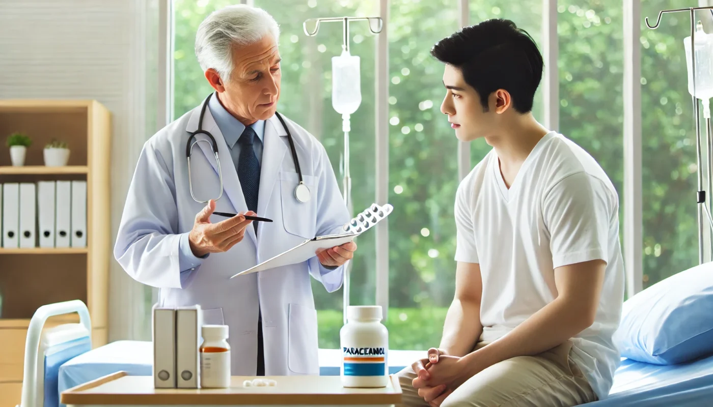 A bright and clean hospital setting where a doctor is carefully explaining the use of paracetamol for pain relief to a patient.