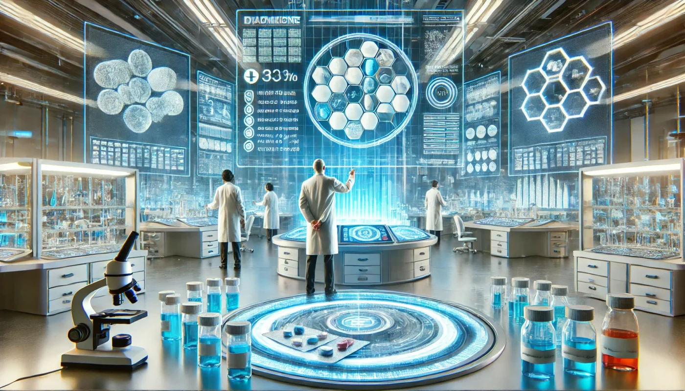 A futuristic pharmaceutical research facility where scientists in lab coats are analyzing different types of narcotic medications. The setting includes advanced medical equipment, pill bottles, and digital data screens displaying chemical compositions.